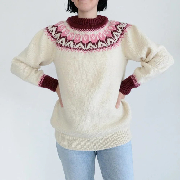 Vintage Handmade Grandma Cream Knit Pink Fair Isle Icelandic Fisherman Sweater M - Picture 2 of 13